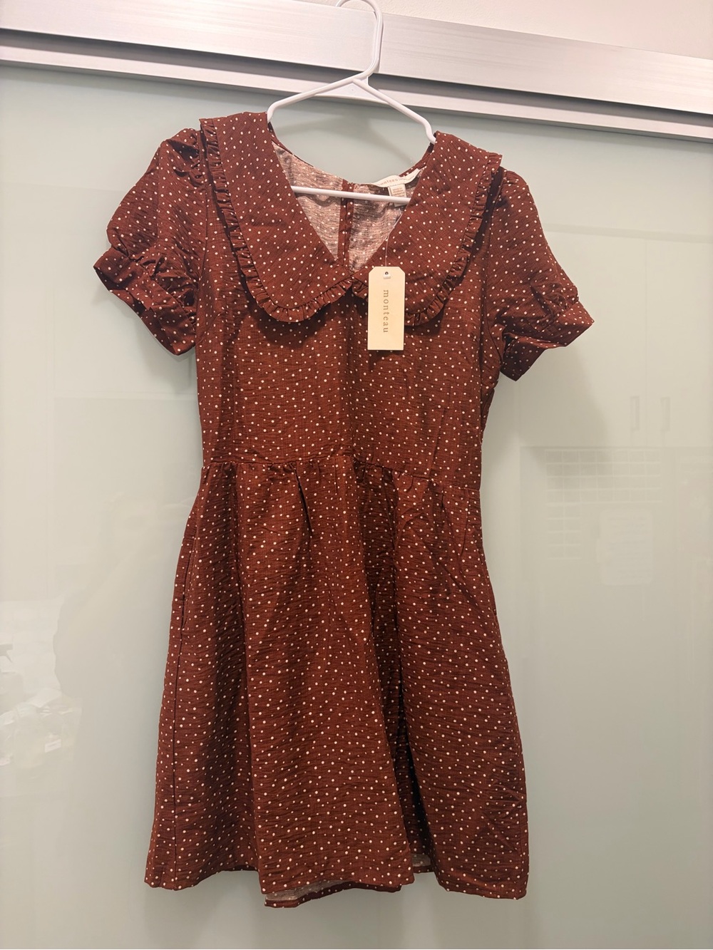 Monteau Rust Brown Polka Dot Dress with Ruffled Peter Pan Collar